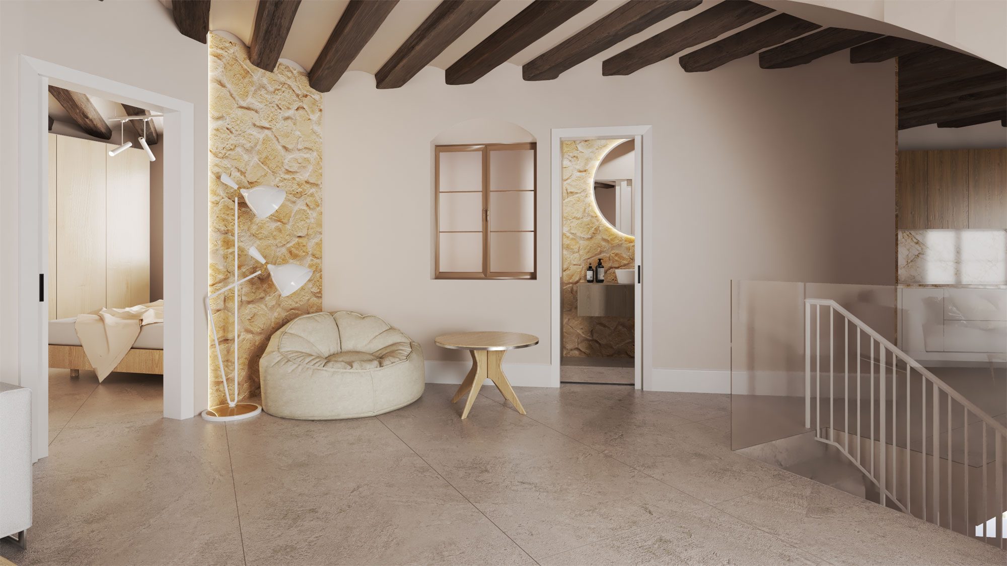Vivienda rehabilitada por Pasifae Arquitech — muro de piedra y vigas de madera